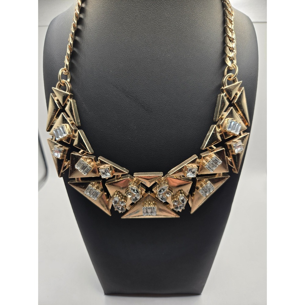 Gold Tone Geometric Triangle Bib Statement Necklace Rhinestone Accents